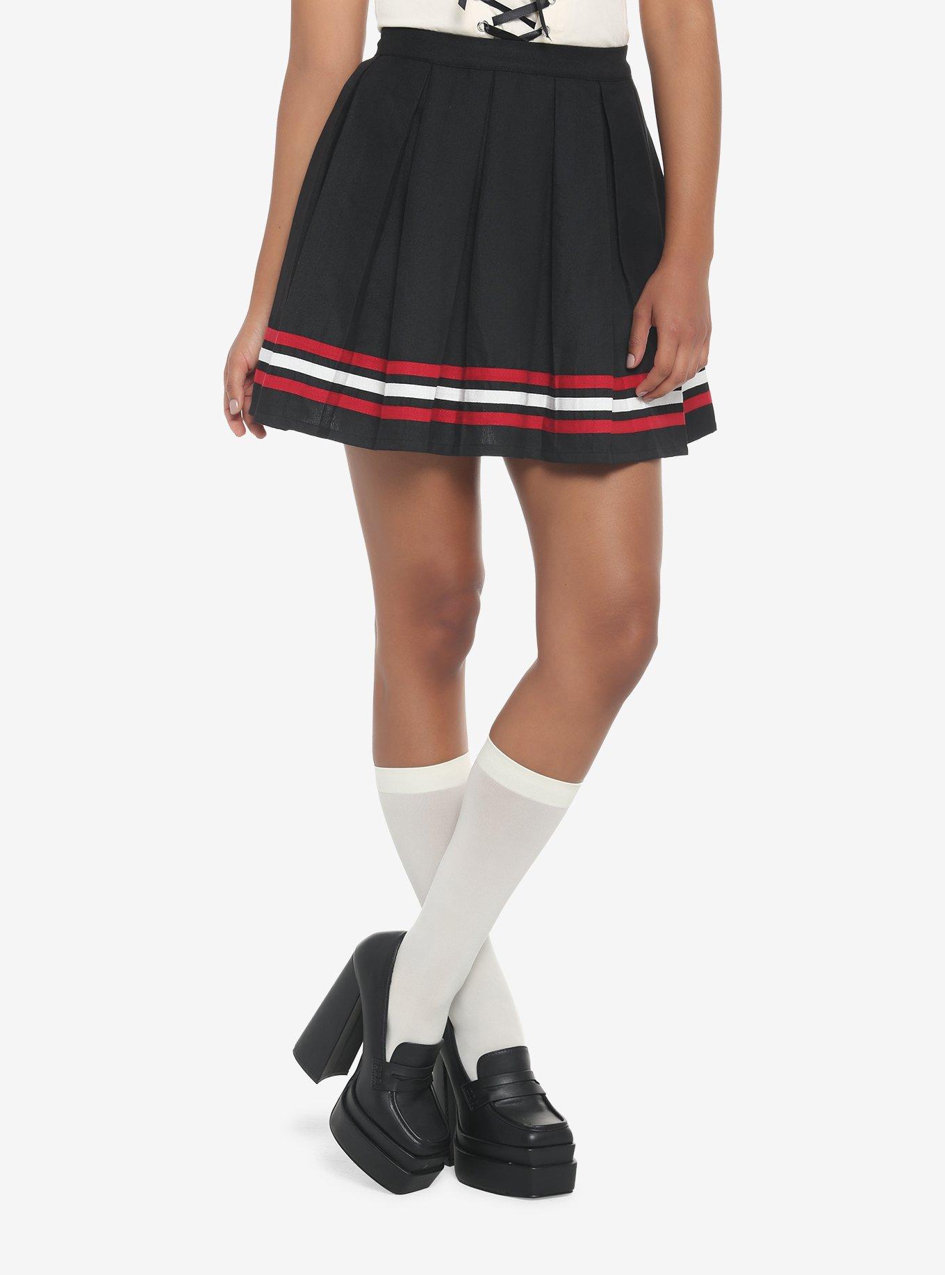 Red & White Varsity Stripe Pleated Skirt, BLACK, hi-res