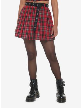 Red Plaid Grommet Belt Pleated Skirt, , hi-res