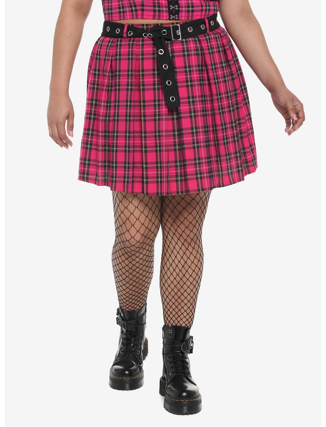 Hot Pink Tartan Pleated Skirt With Grommet Belt Plus Size, PLAID - PINK, hi-res