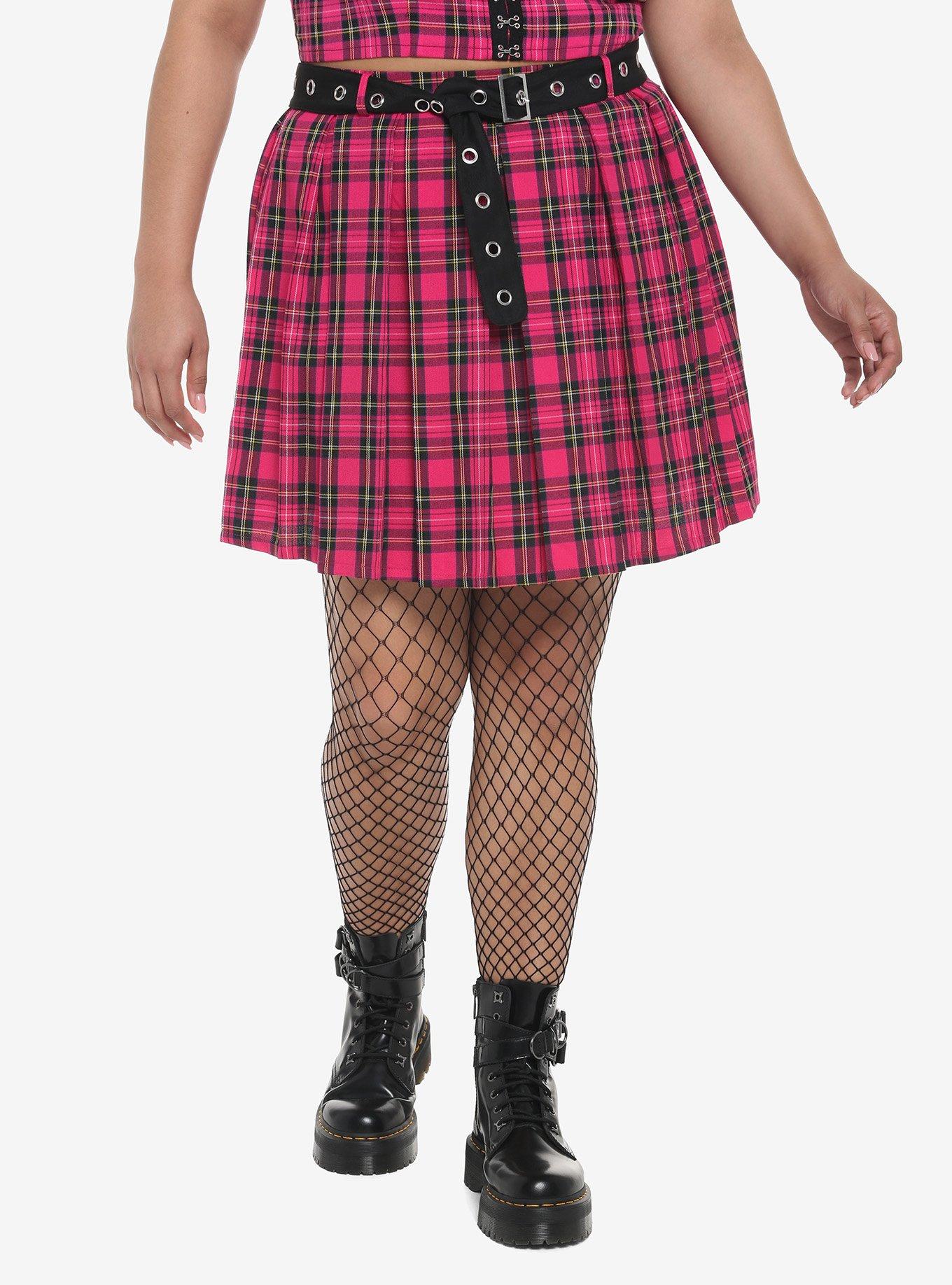 Hot Pink Tartan Pleated Skirt With Grommet Belt Plus Size, PLAID - PINK, hi-res