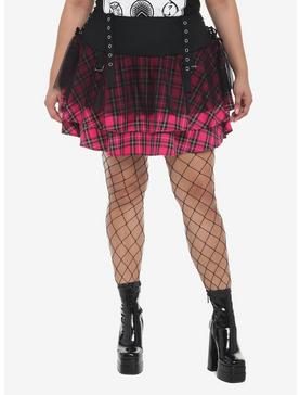 Hot Pink Tartan & Mesh Tiered Skirt Plus Size, , hi-res