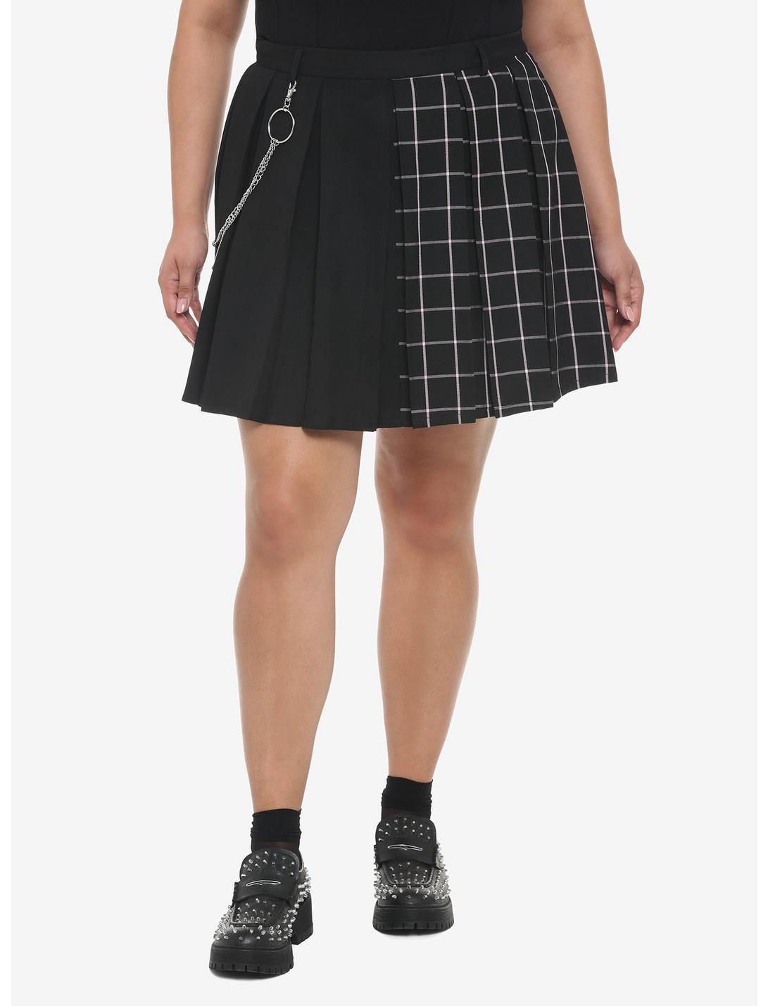 Black & Pink Plaid Split Pleated Skirt Plus Size, SPLIT GRID, hi-res