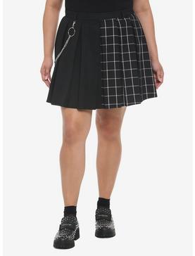 Black & Pink Plaid Split Pleated Skirt Plus Size, , hi-res
