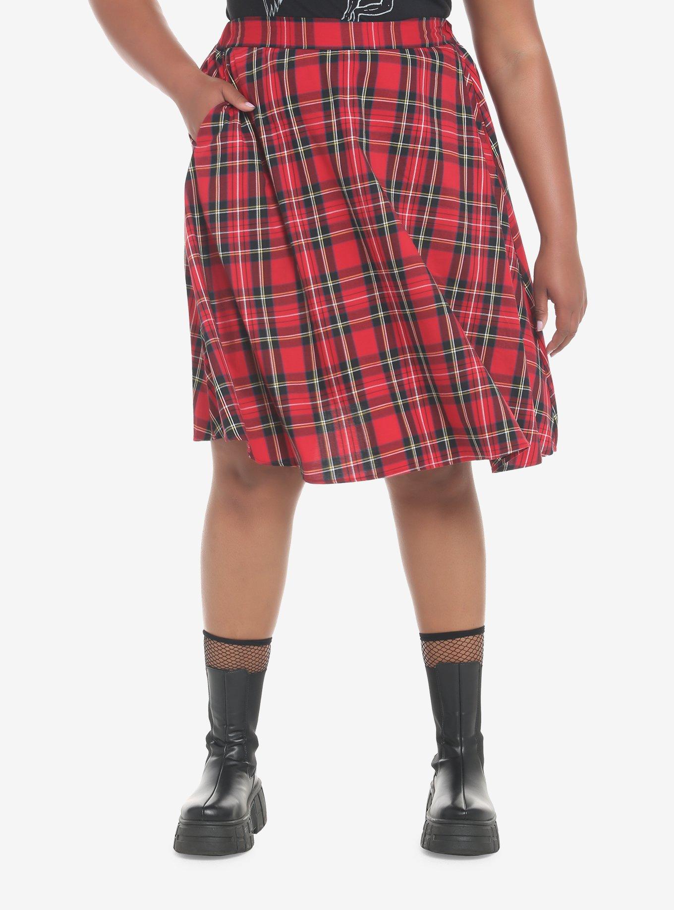 Red Plaid Midi Skirt Plus Size, PLAID - RED, hi-res