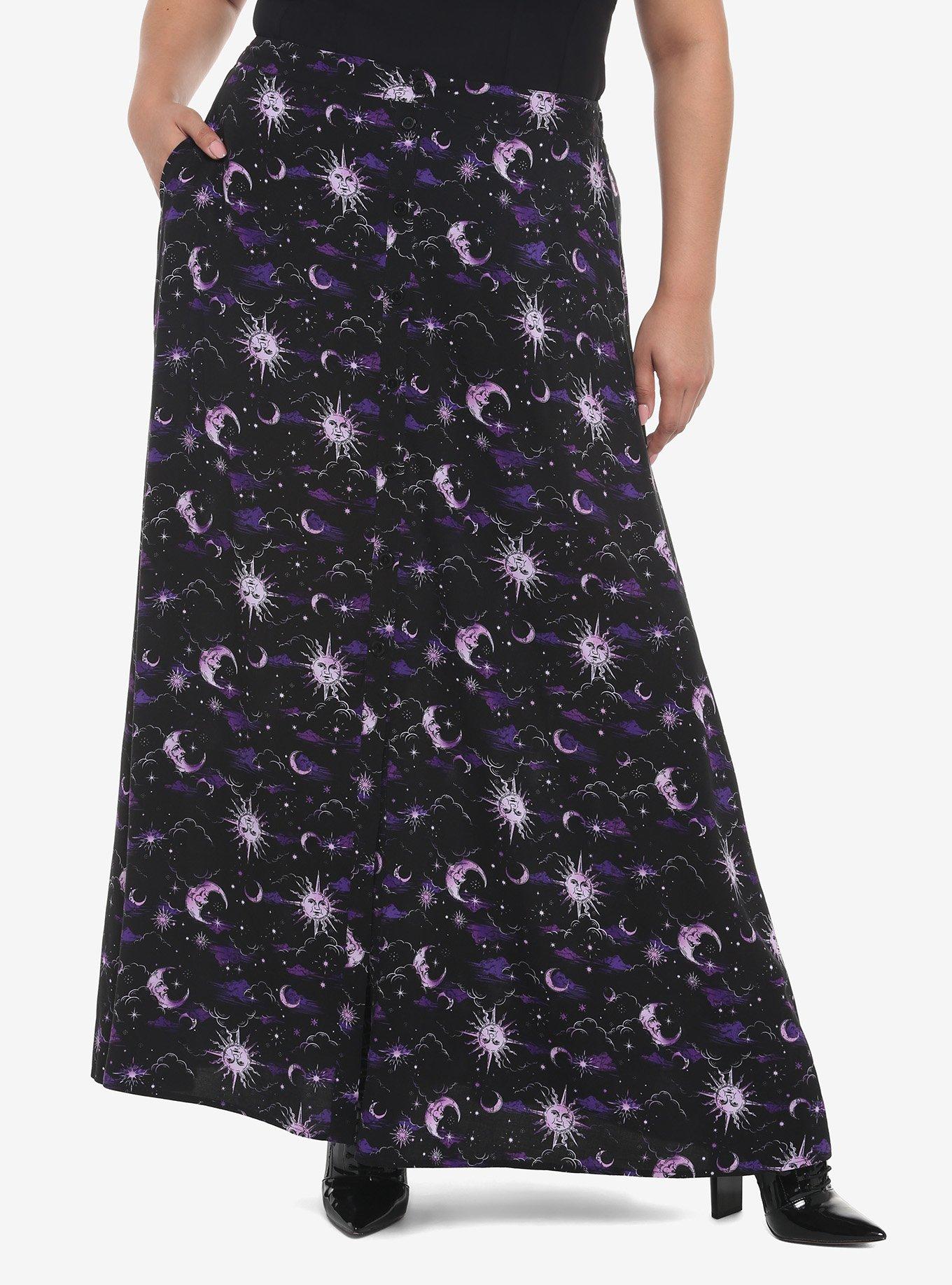 Celestial Print Maxi Skirt Plus Size, PURPLE, hi-res