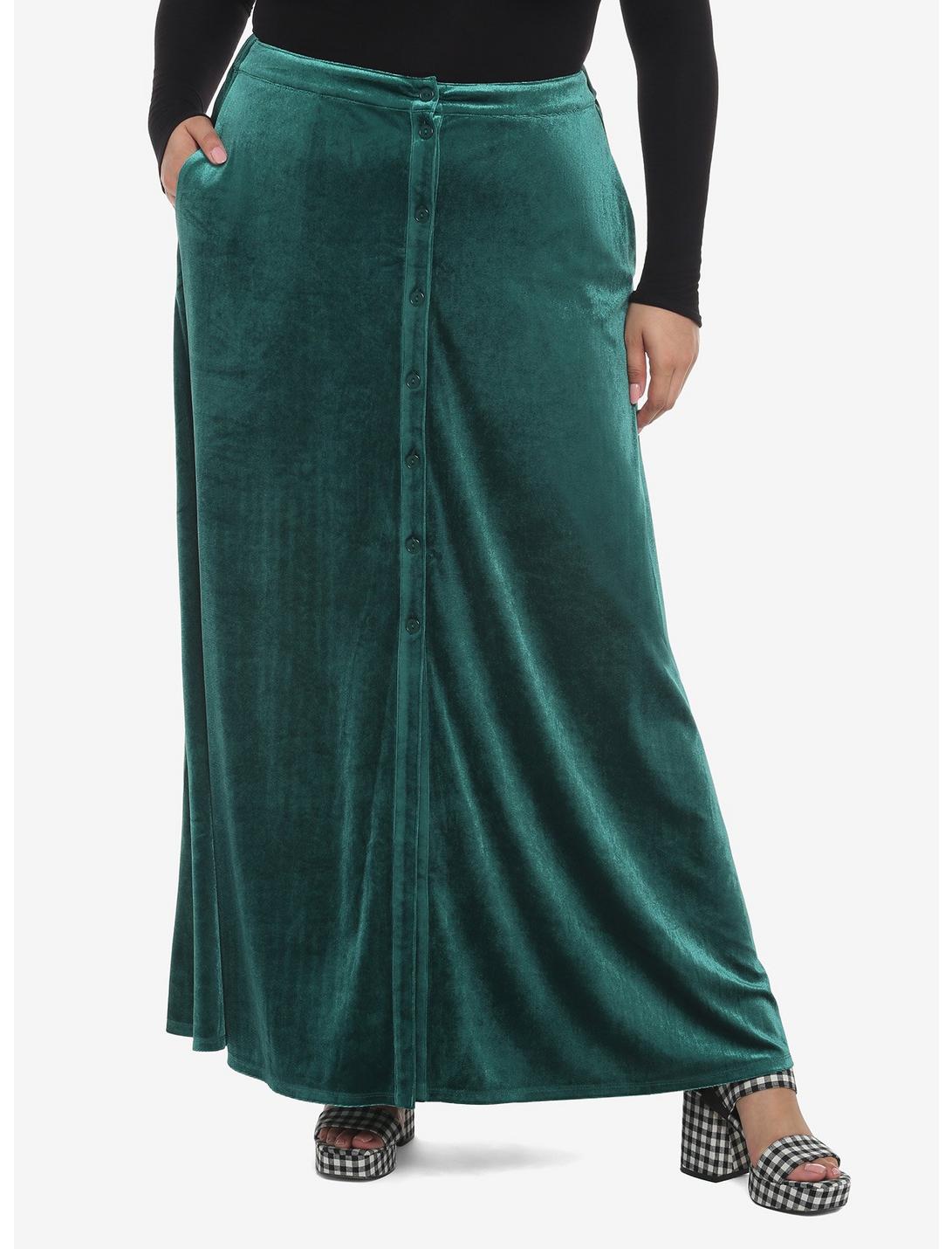 Green Velvet Maxi Skirt Plus Size, FOREST GREEN, hi-res