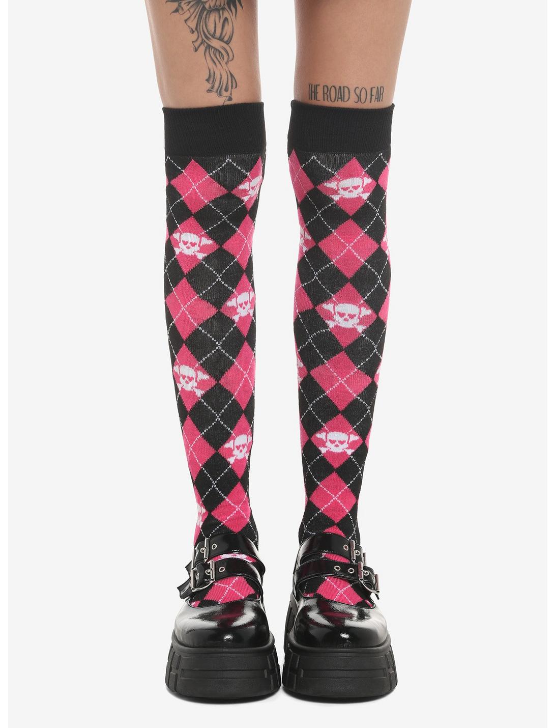 Plus Size Pink Argyle Skull Over-The-Knee Socks, , hi-res