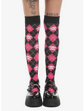 Pink Argyle Skull Over-The-Knee Socks, , hi-res
