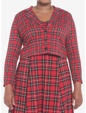 Red Plaid Safety Pin Girls Crop Blazer Plus Size, , hi-res