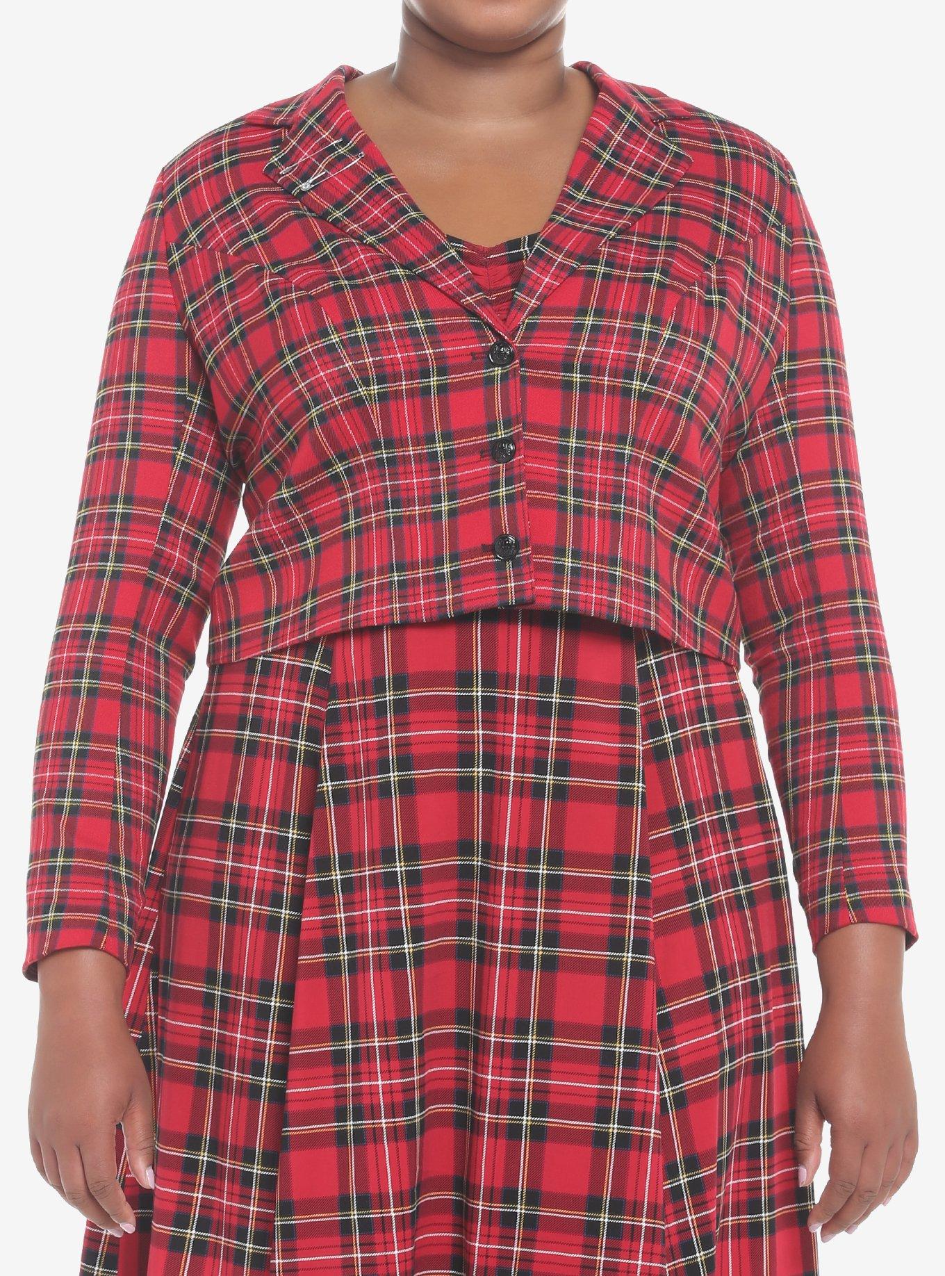 Red Plaid Safety Pin Girls Crop Blazer Plus Size, RED, hi-res