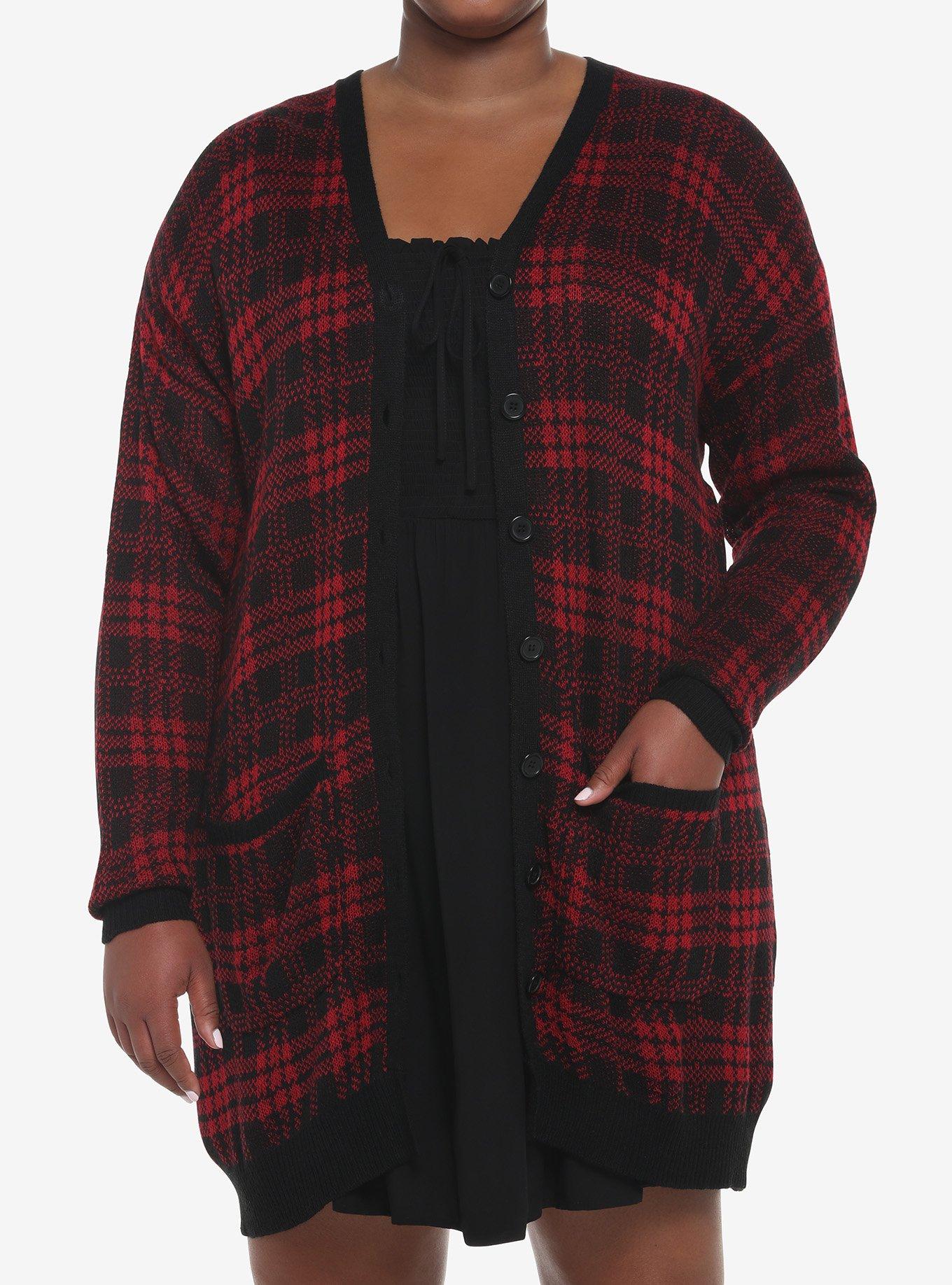 Red & Black Plaid Girls Oversized Cardigan Plus Size, RED, hi-res