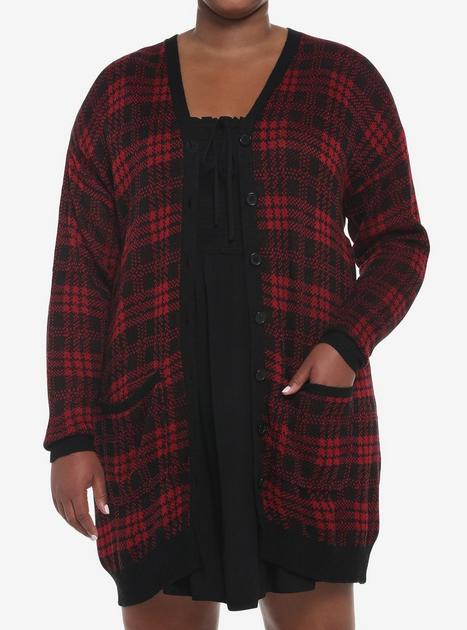Full Size Plaid Dress & Ribbed Knit Cardigan Set Plus Size