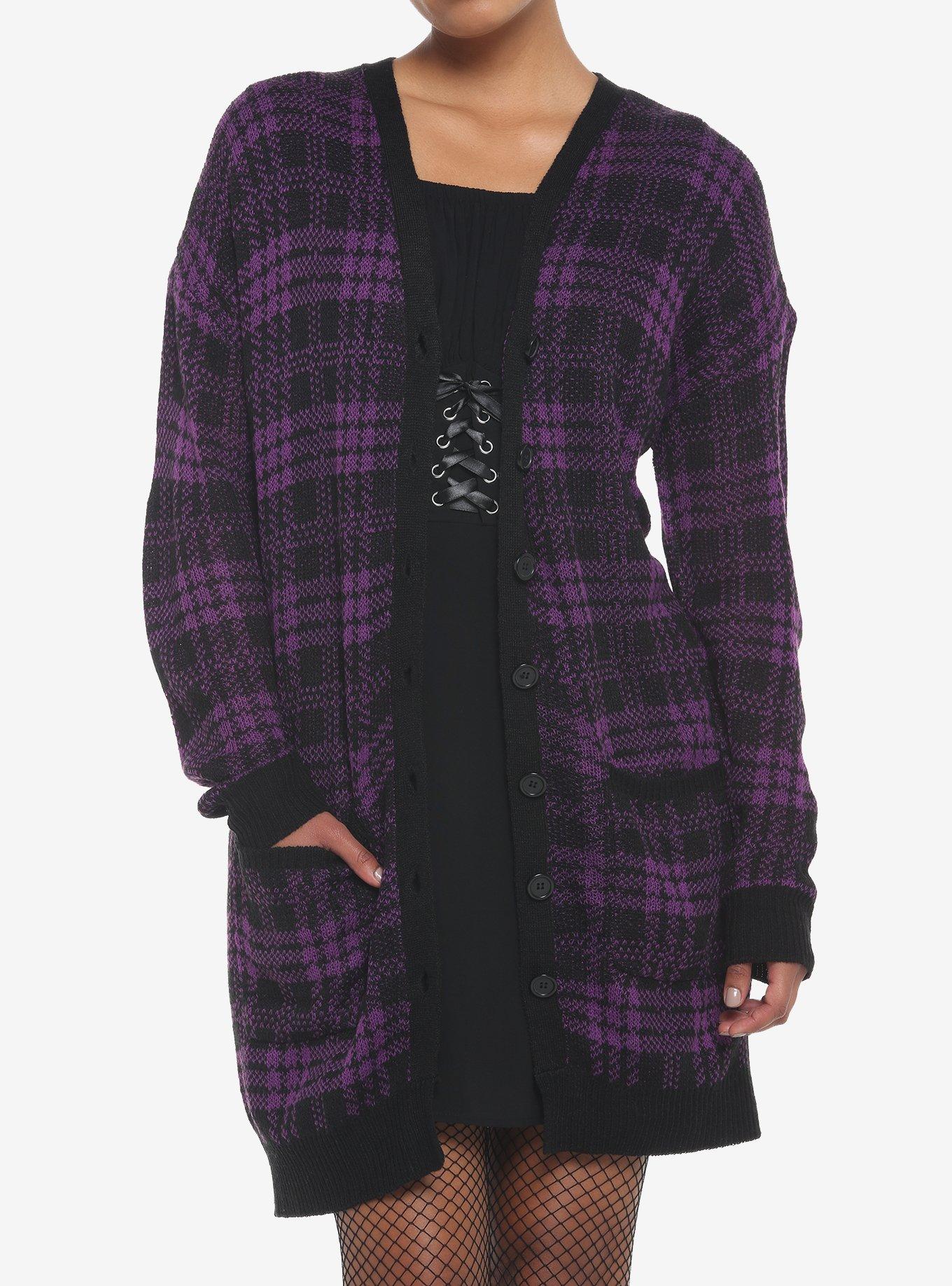 Purple & Black Plaid Oversized Girls Cardigan, PURPLE, hi-res