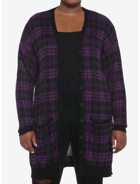 Purple & Black Plaid Oversized Girls Cardigan Plus Size, , hi-res