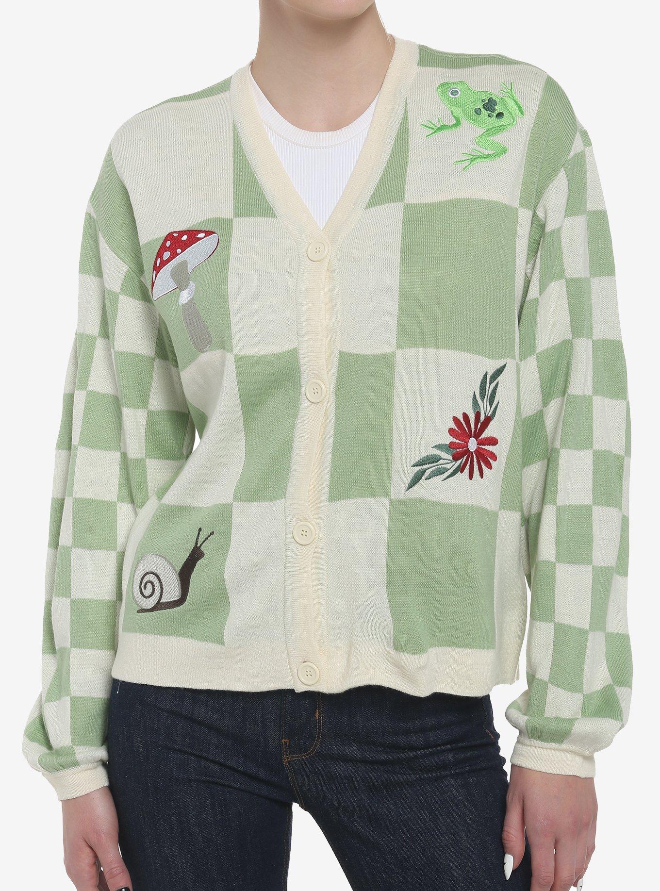 Cottagecore Patch Checkered Girls Oversized Cardigan, GREEN, hi-res