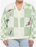 Cottagecore Patch Checkered Girls Oversized Cardigan Plus Size, GREEN, hi-res