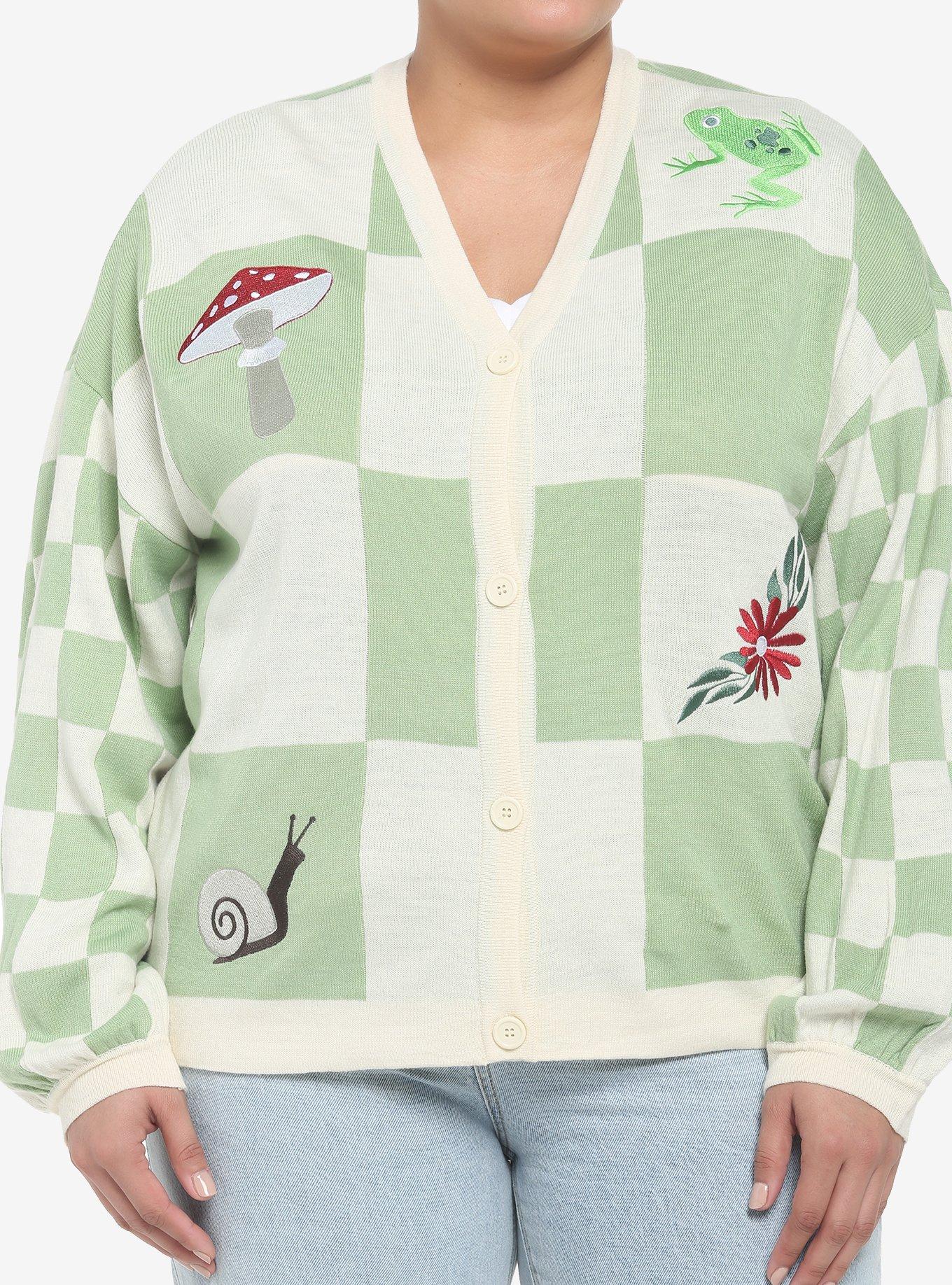 Cottagecore Patch Checkered Girls Oversized Cardigan Plus Size, GREEN, hi-res