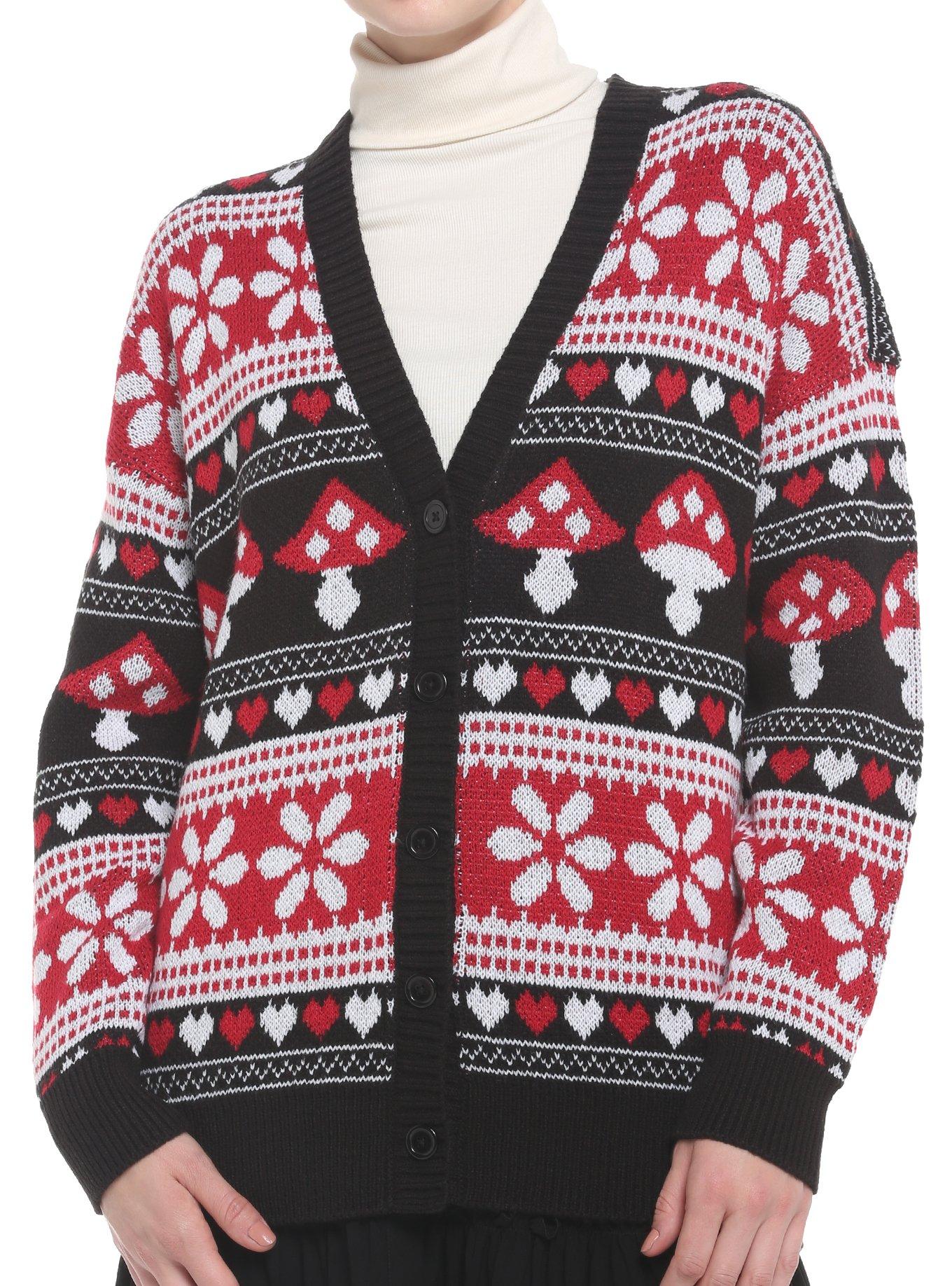 Mushrooms & Hearts Fair Isle Girls Oversized Cardigan, RED, hi-res