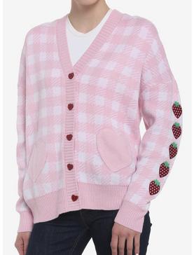 Pink Gingham Strawberry Heart Girls Oversized Cardigan, , hi-res