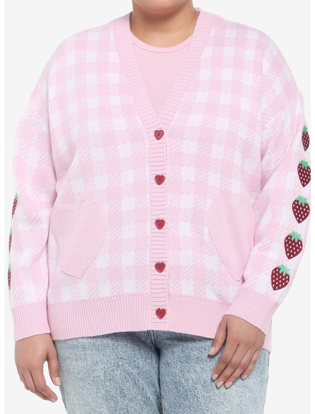 Pink Gingham Strawberry Heart Girls Oversized Cardigan Plus Size, PINK, hi-res
