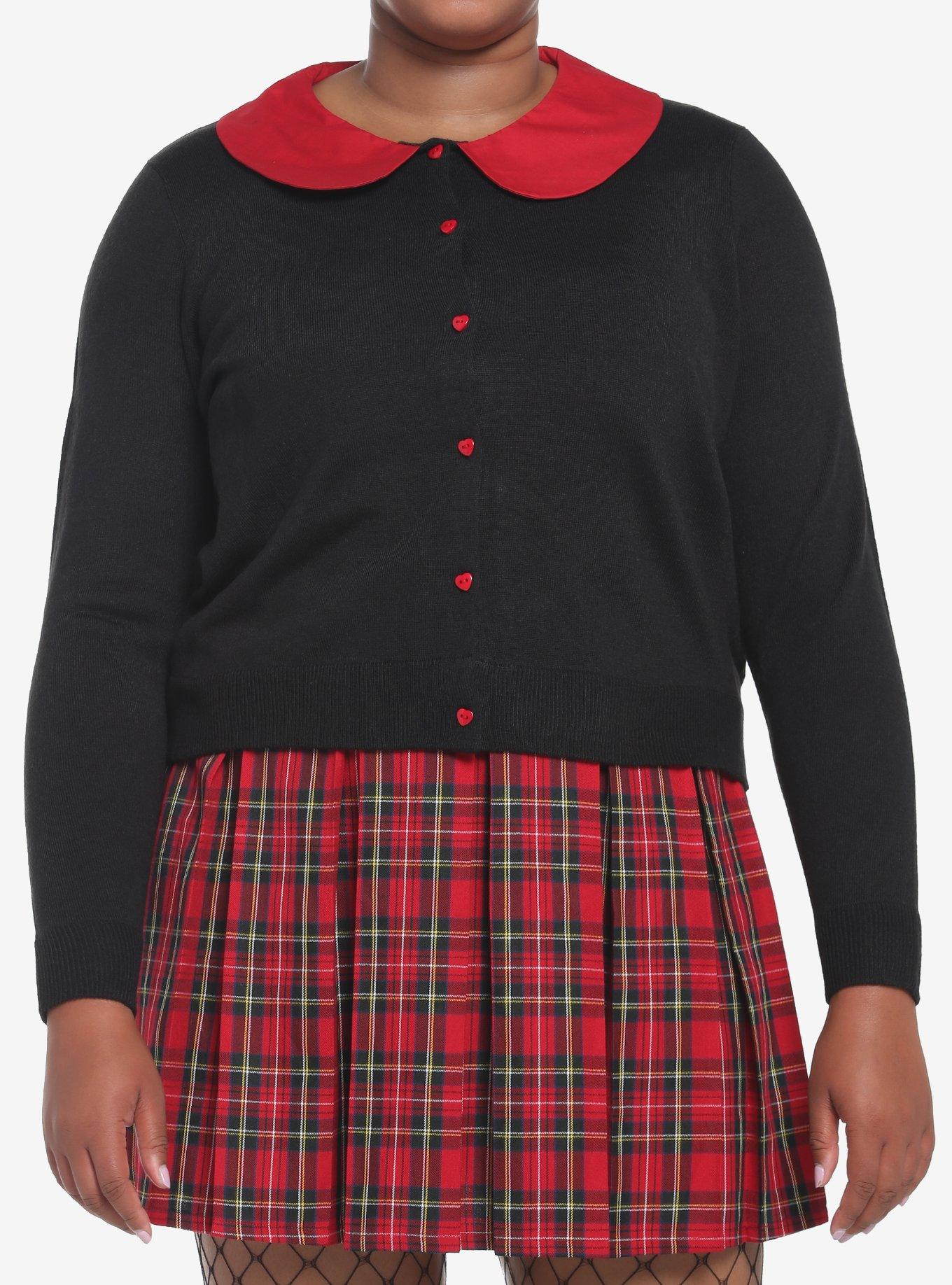 Red & Black Heart Collar Girls Crop Cardigan Plus Size, BLACK, hi-res