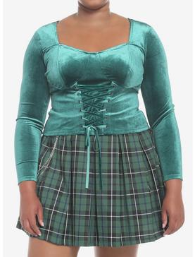 Velvet Green Corset Lace-Up Girls Crop Long-Sleeve Plus Size, , hi-res