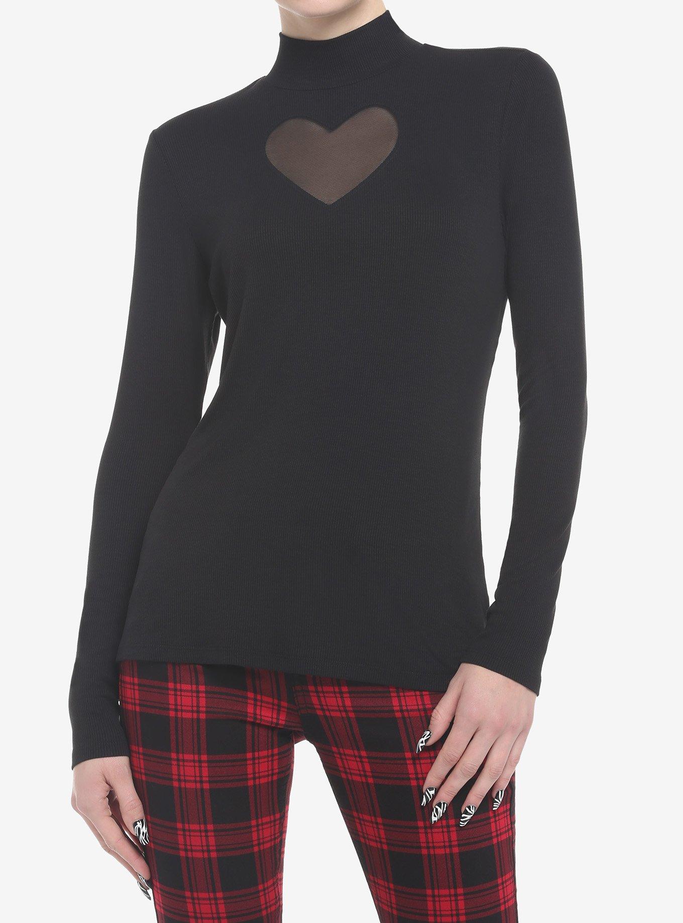Black Heart Cutout Mock Neck Girls Long-Sleeve Top, BLACK, hi-res