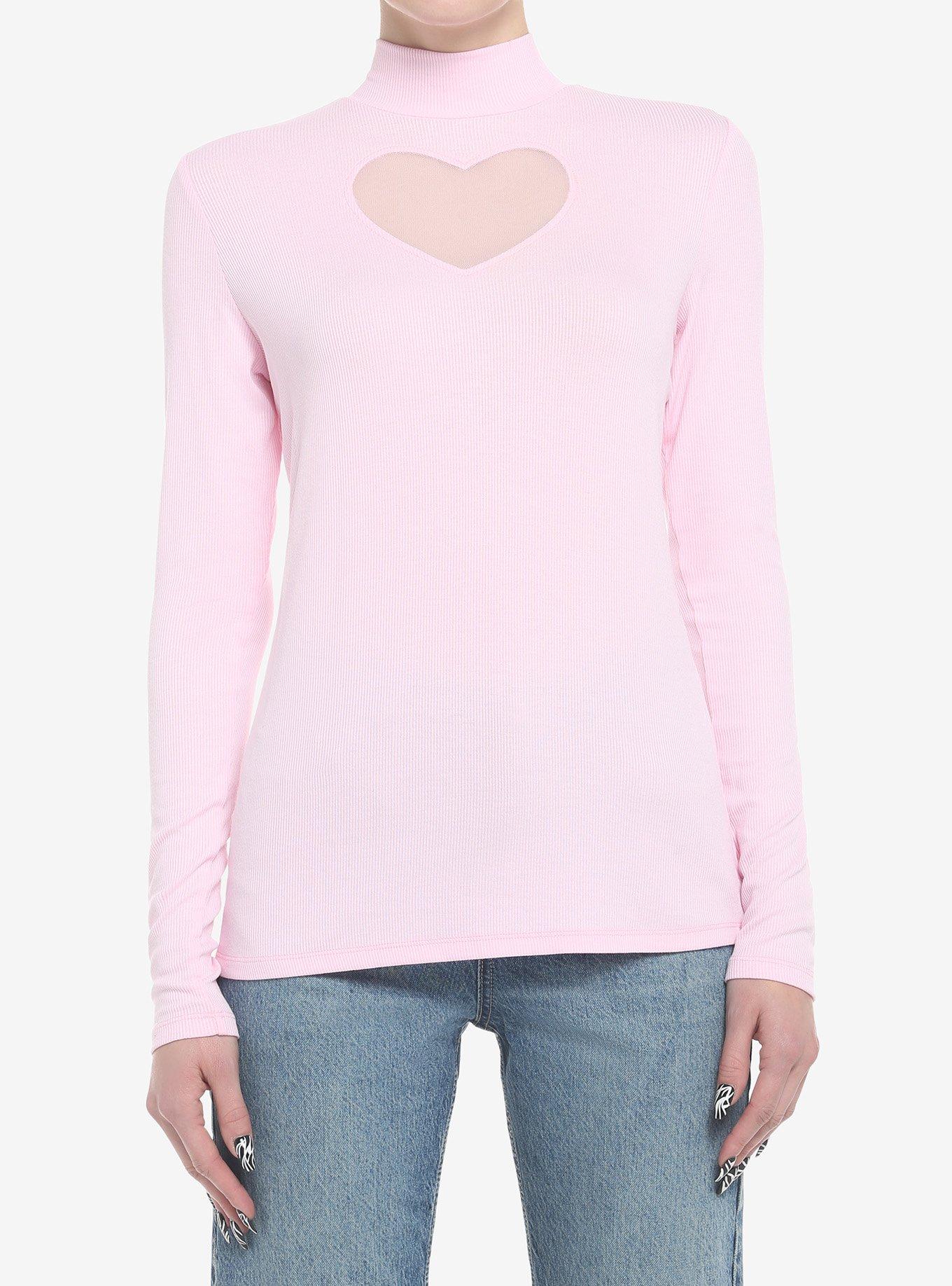 Pastel Pink Heart Cutout Mock Neck Girls Long-Sleeve Top | Hot Topic