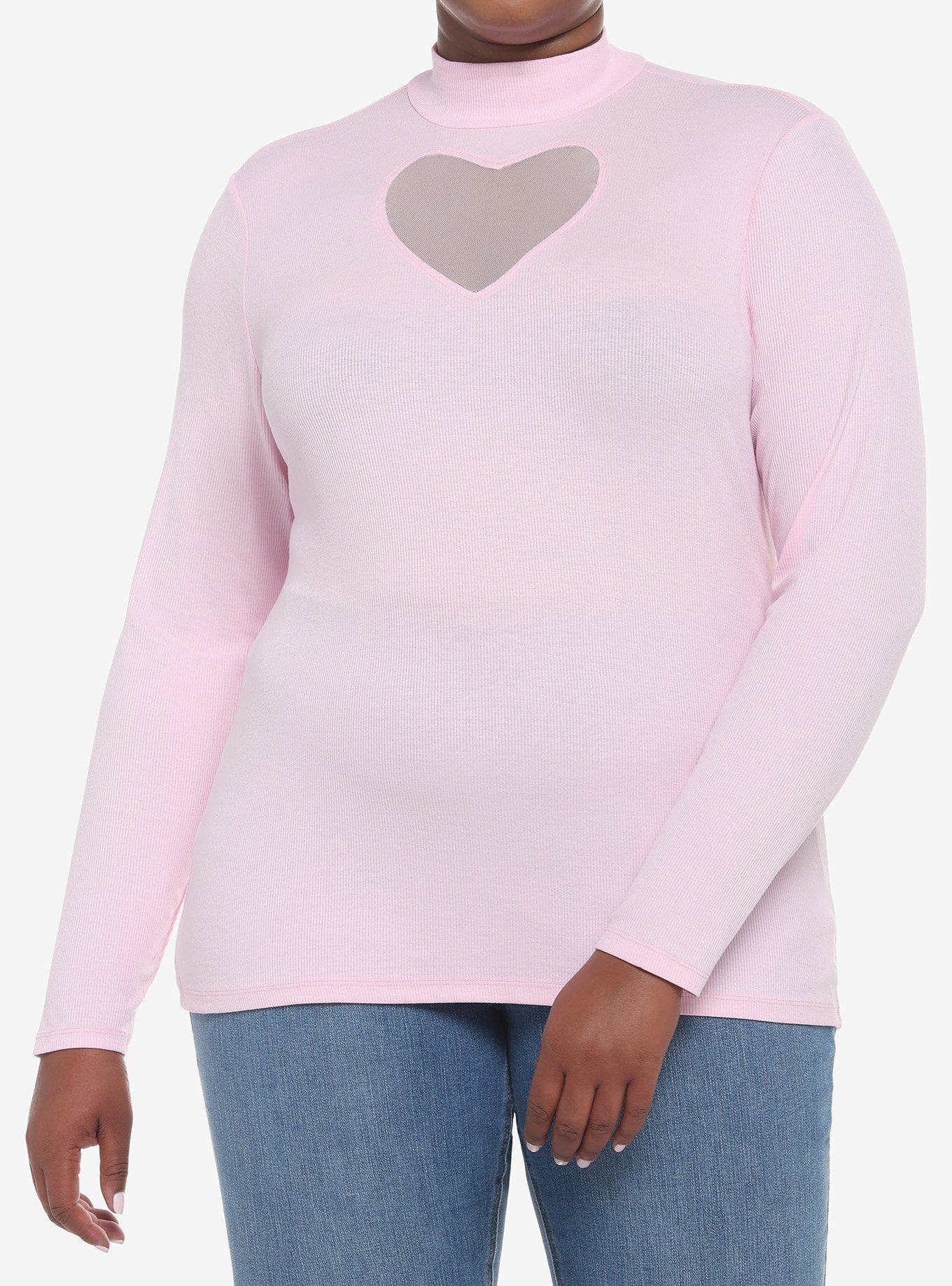 Pastel Pink Heart Cutout Mock Neck Girls Long-Sleeve Top