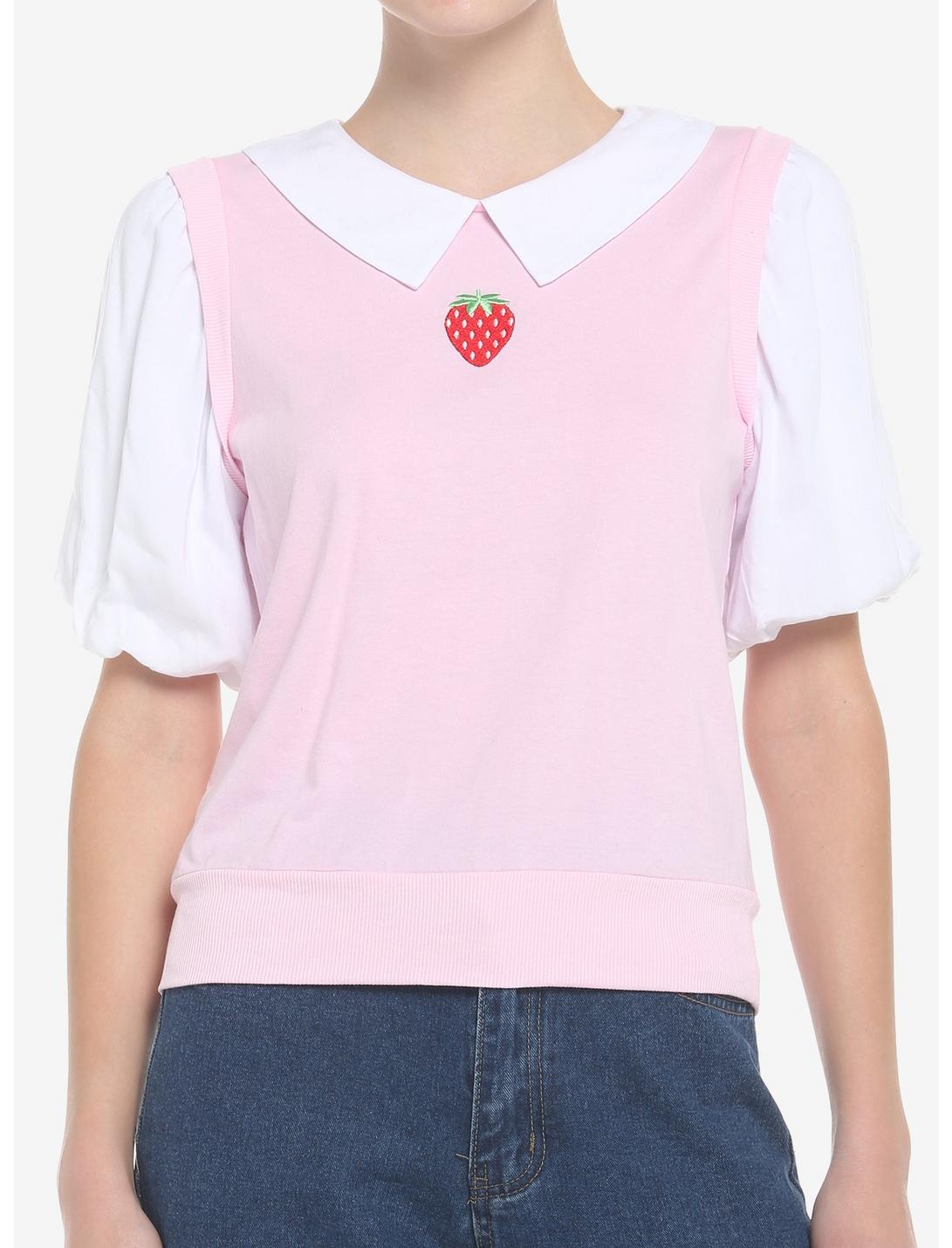 Strawberry Twofer Sweater Vest & Collar Girls Top, PINK, hi-res