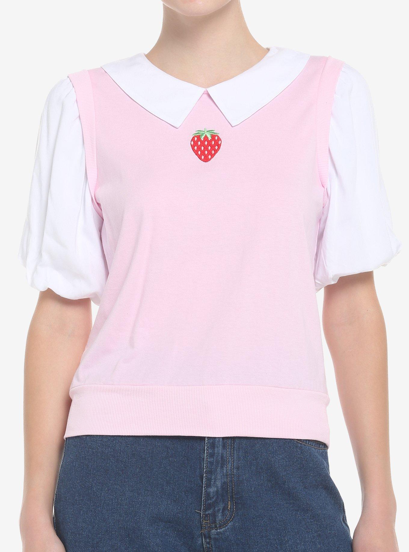 Strawberry Twofer Sweater Vest & Collar Girls Top, PINK, hi-res