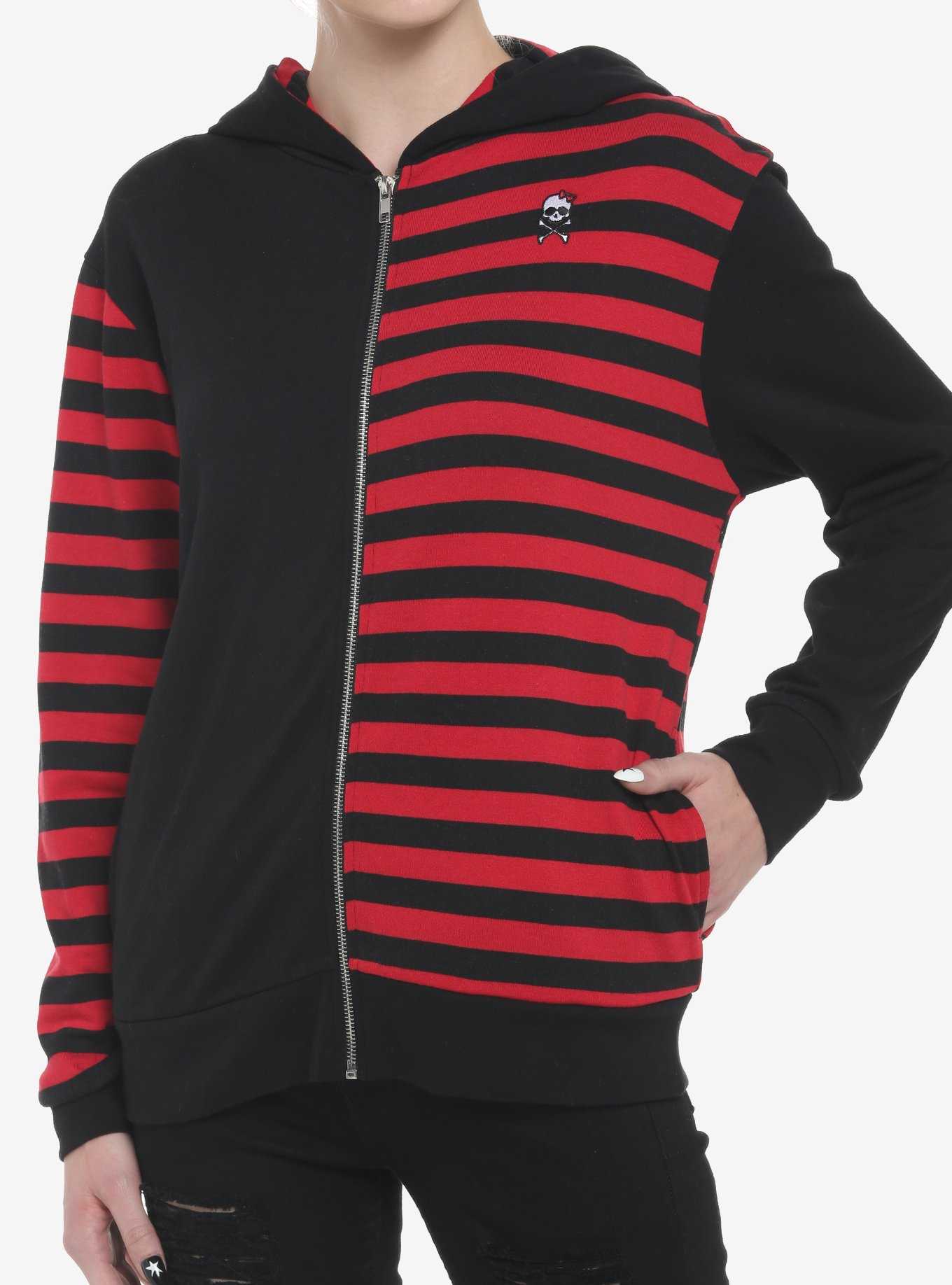 Black & Red Stripe Split Girls Hoodie | Hot Topic