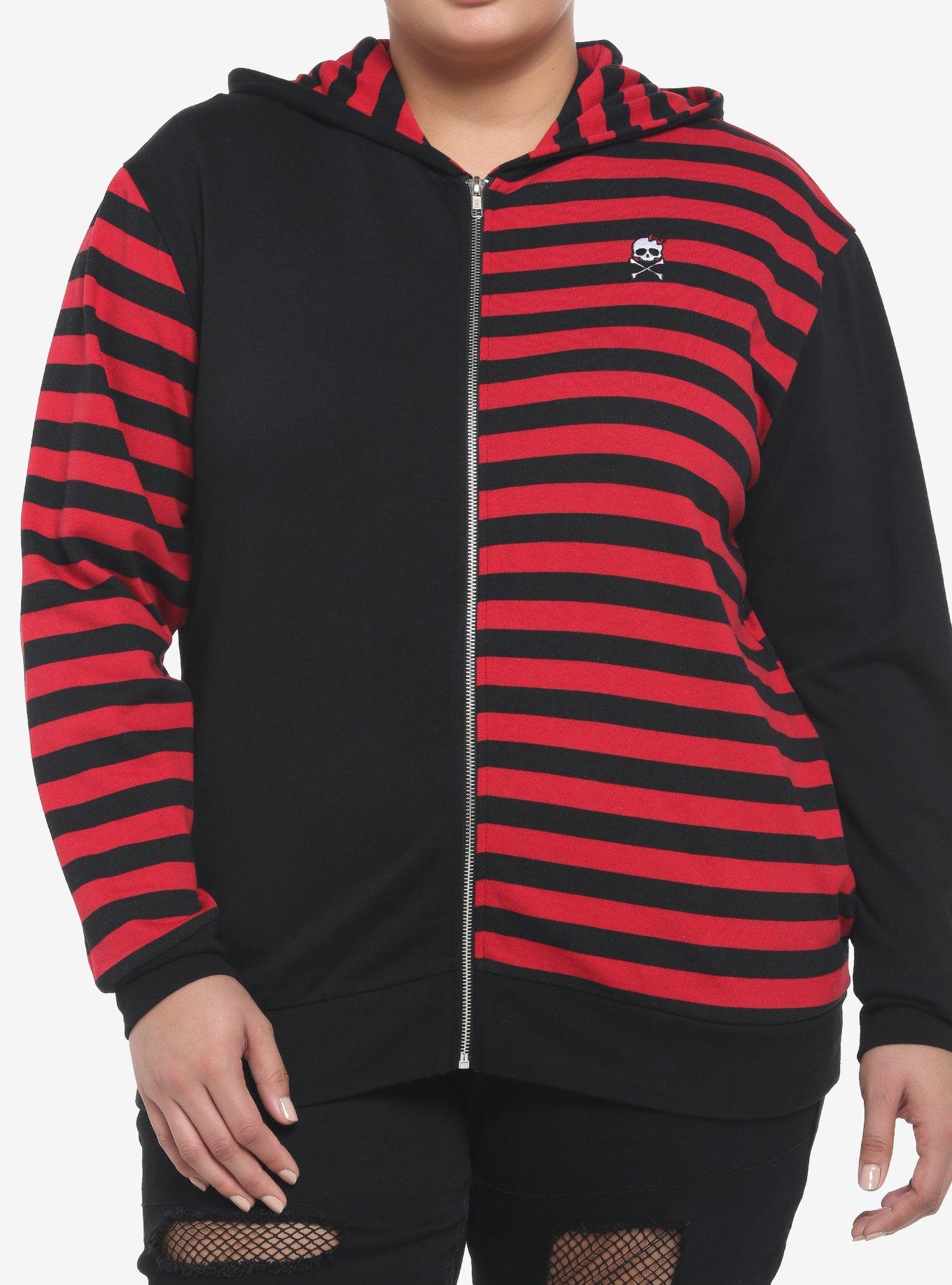 Black & Red Stripe Split Girls Hoodie Plus Size, BLACK, hi-res