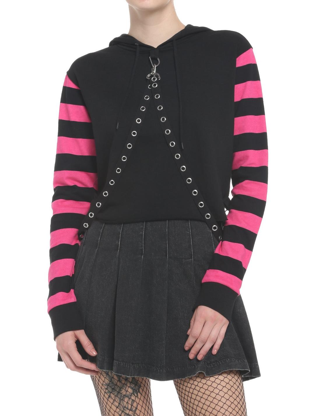 Black & Pink Stripe Harness Girls Crop Hoodie, PINK, hi-res