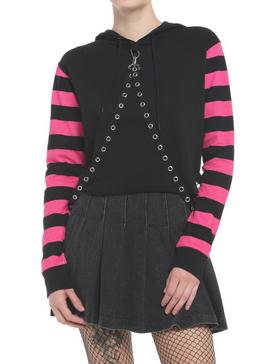 Black & Pink Stripe Harness Girls Crop Hoodie, , hi-res