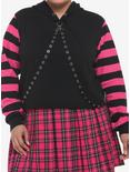 Black & Pink Stripe Harness Girls Crop Hoodie Plus Size, PINK, hi-res