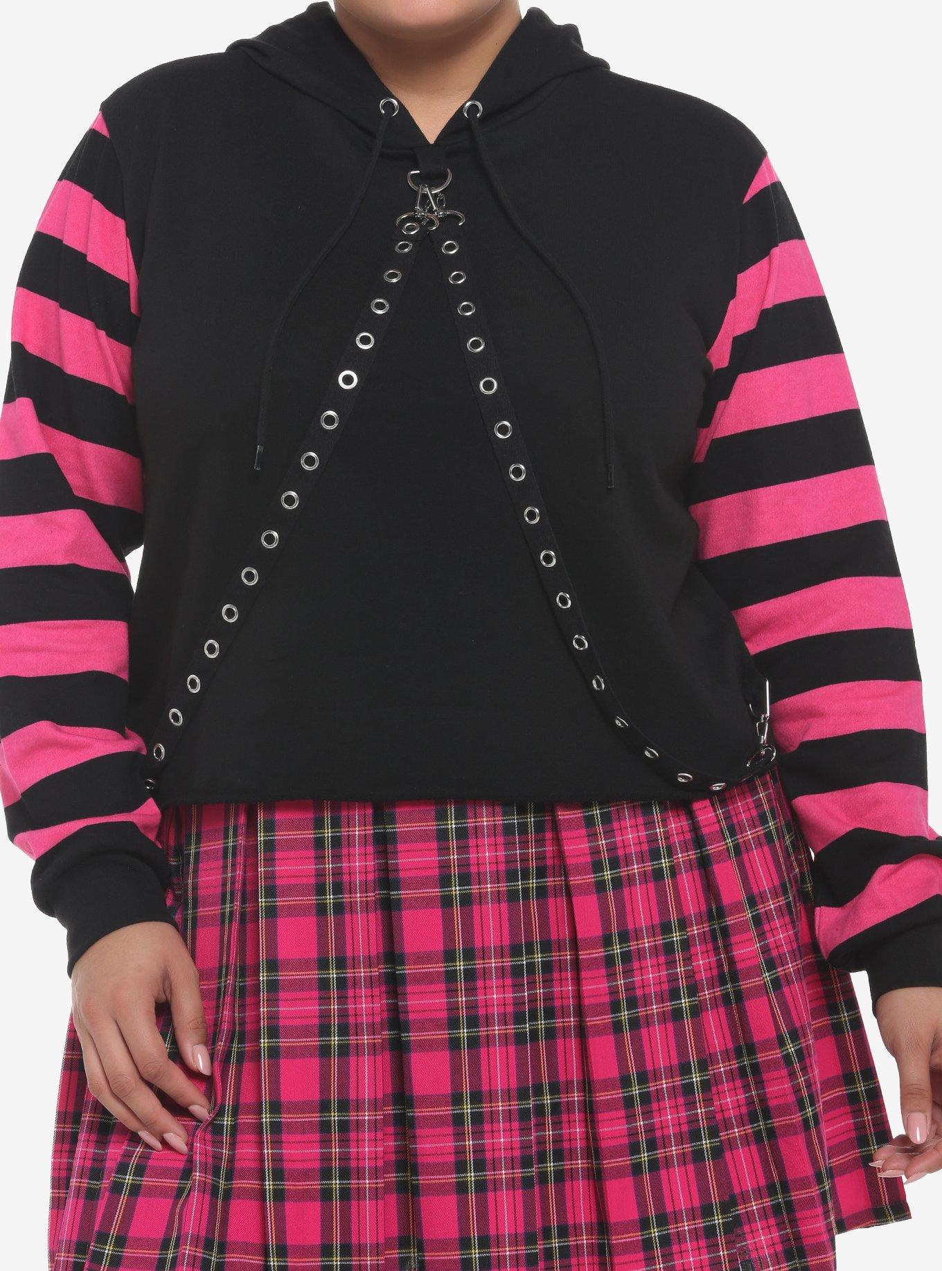 Black & Pink Stripe Harness Girls Crop Hoodie Plus Size, PINK, hi-res