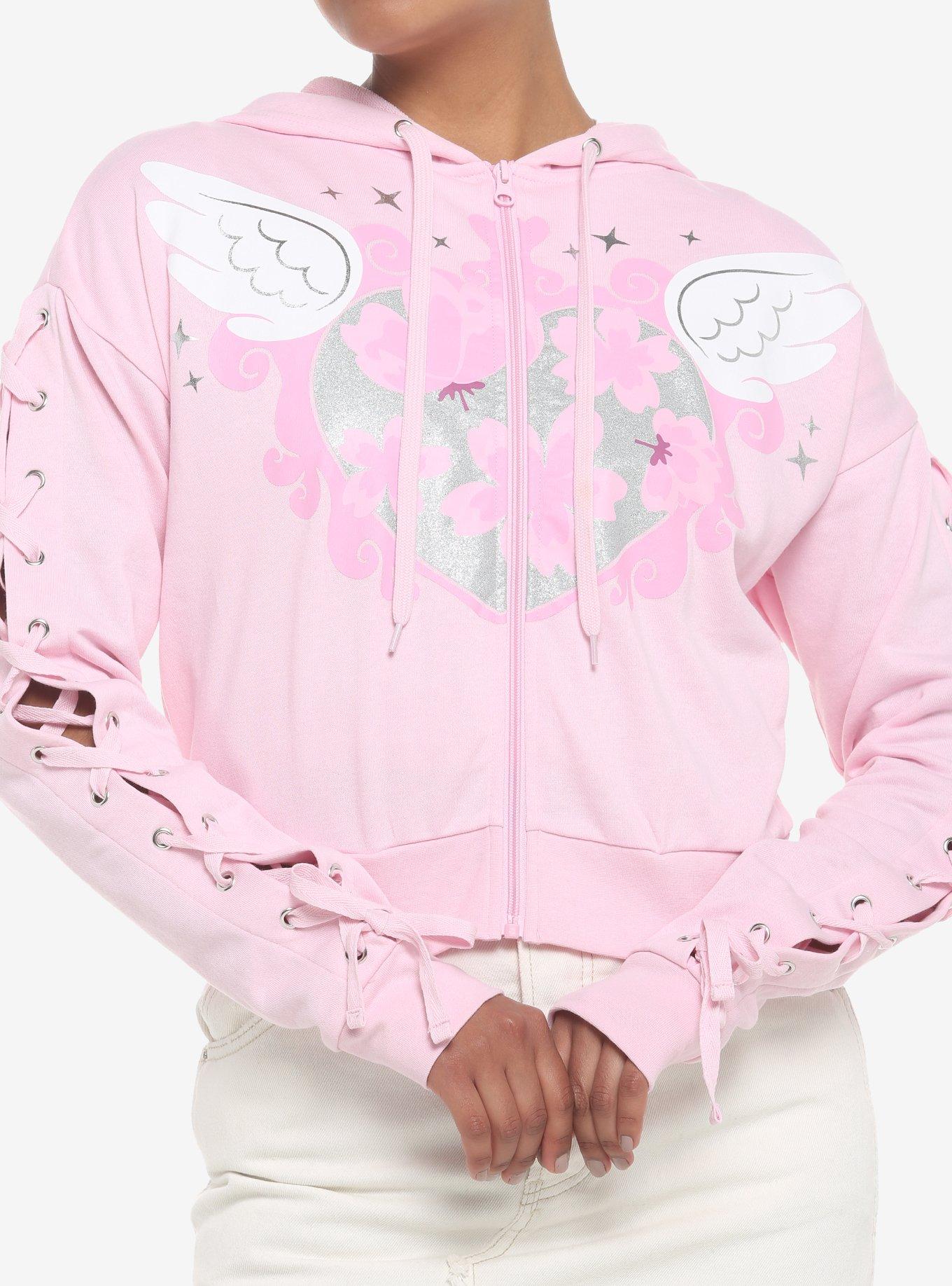 Angel Wings Lace-Up Sleeve Girls Hoodie, PINK, hi-res