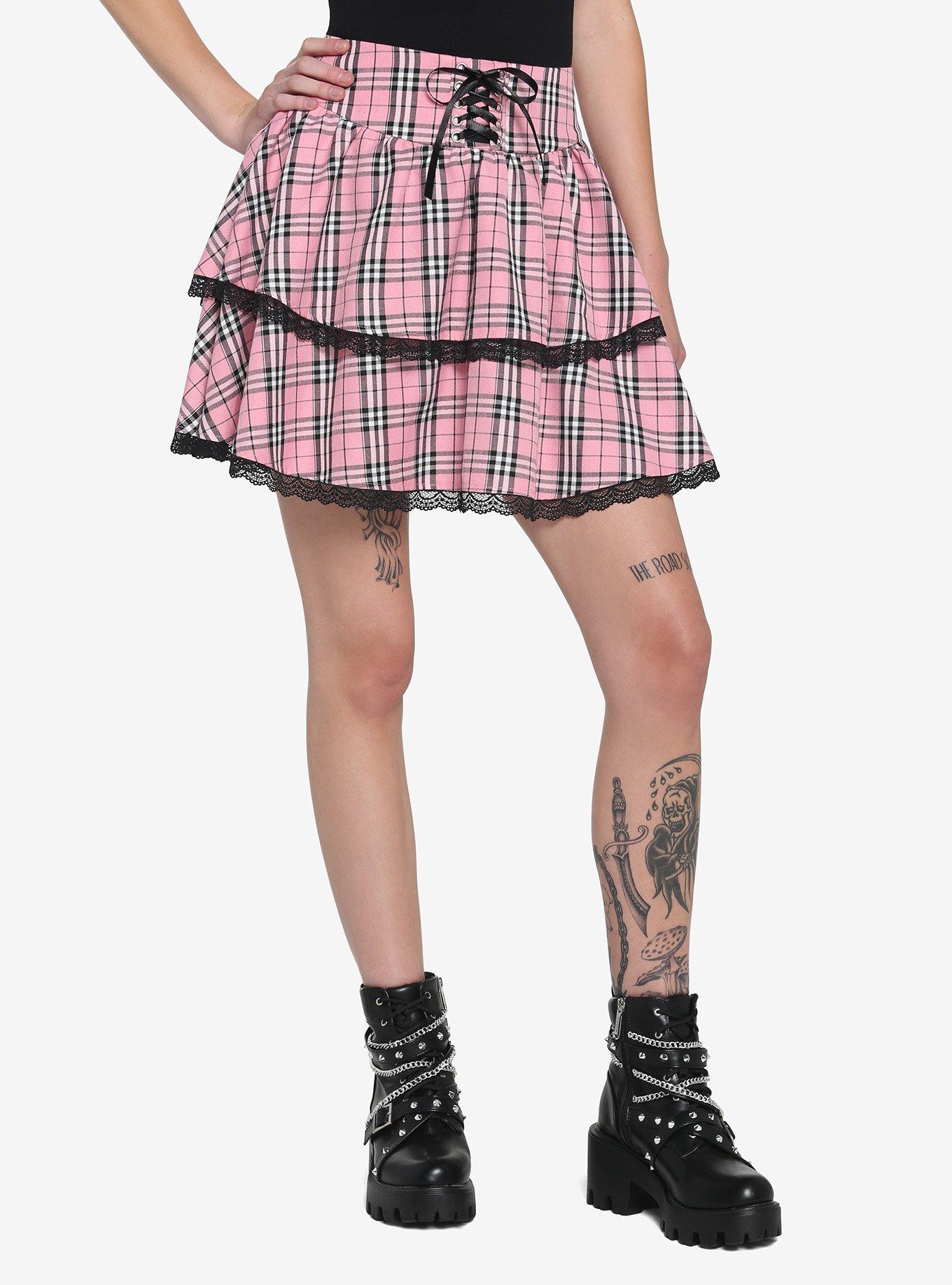 Pink Plaid Lace-Up Tiered Skirt, PLAID - PINK, hi-res