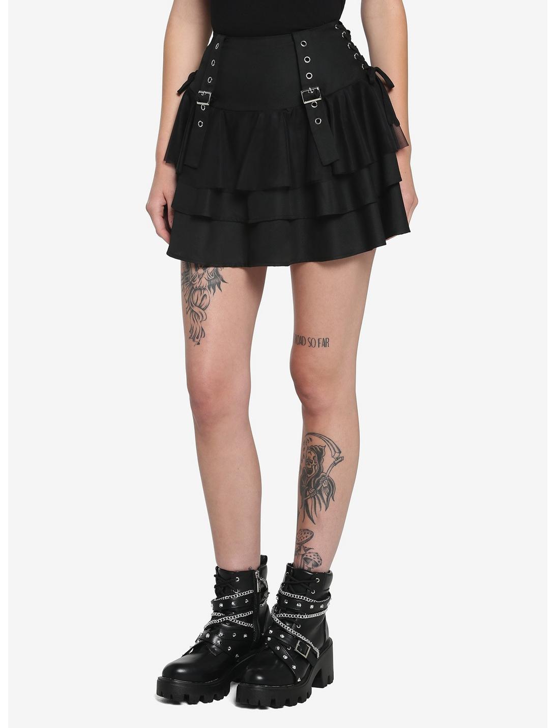 Black Buckle Tiered Skirt, BLACK, hi-res