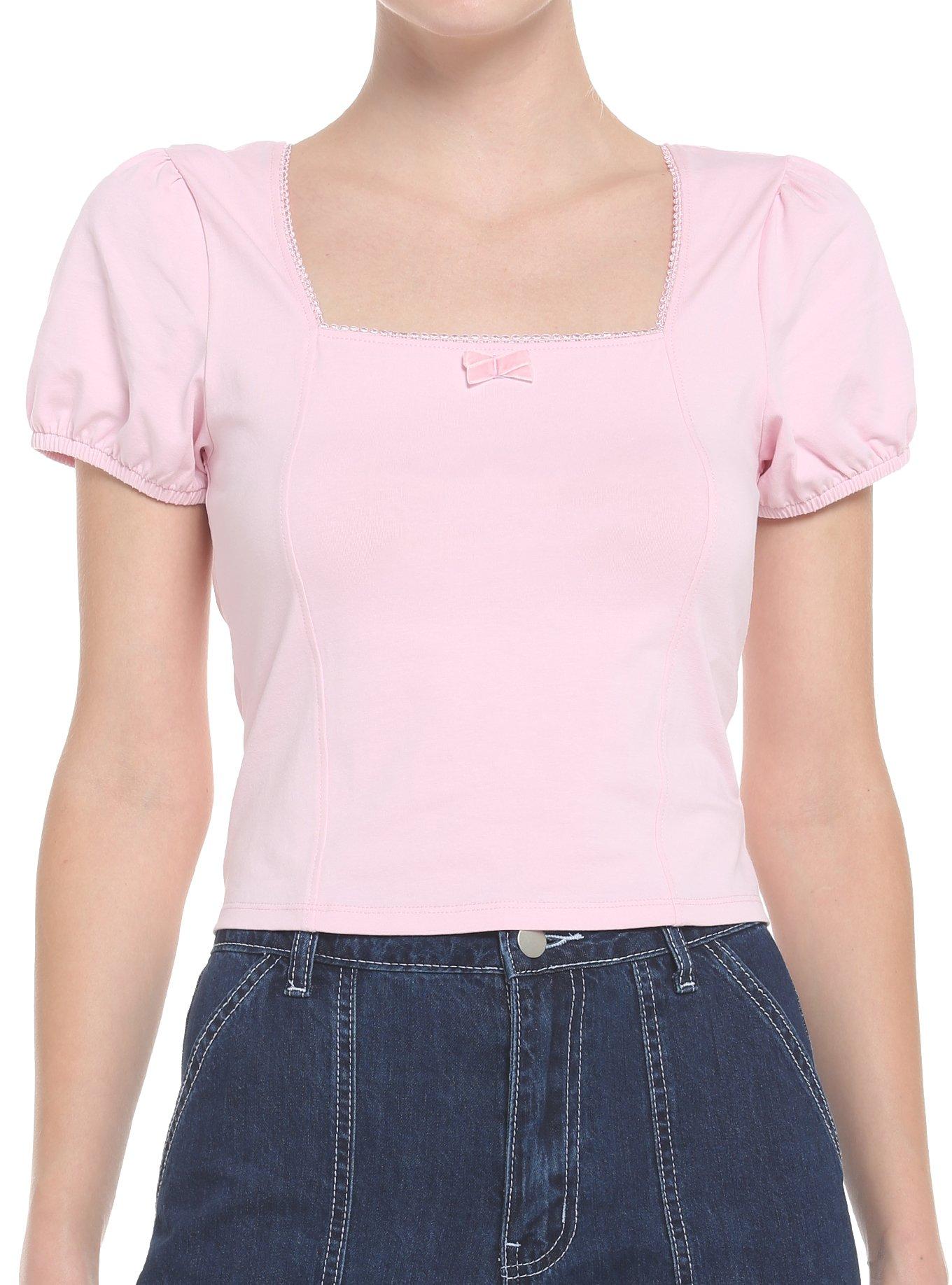 Pastel Pink Puff-Sleeve Girls Crop Top, PINK, hi-res