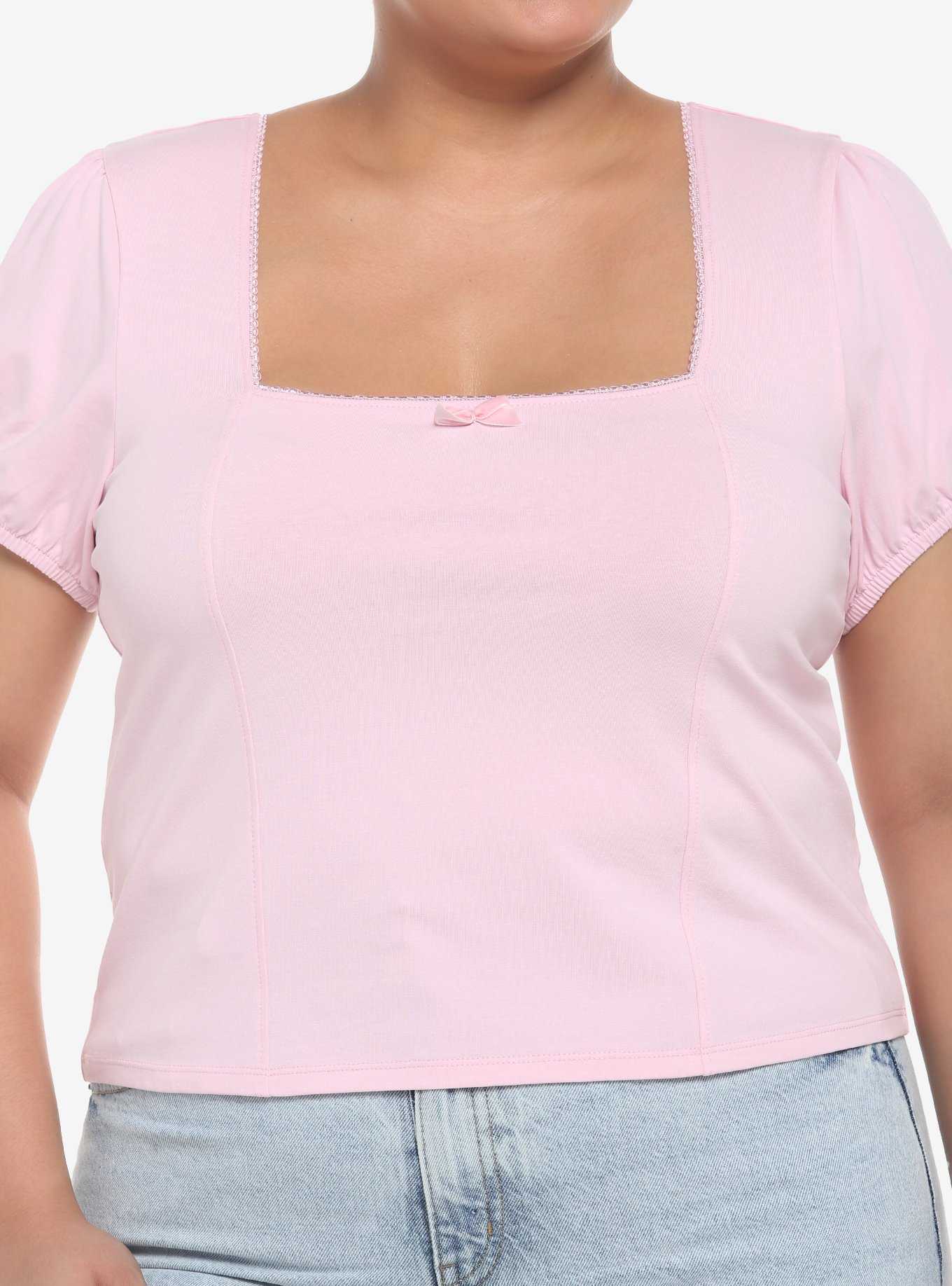 Pastel Pink Puff-Sleeve Girls Crop Top Plus Size, , hi-res