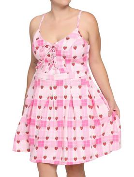 Strawberry Plaid Lace-Up Dress Plus Size, , hi-res