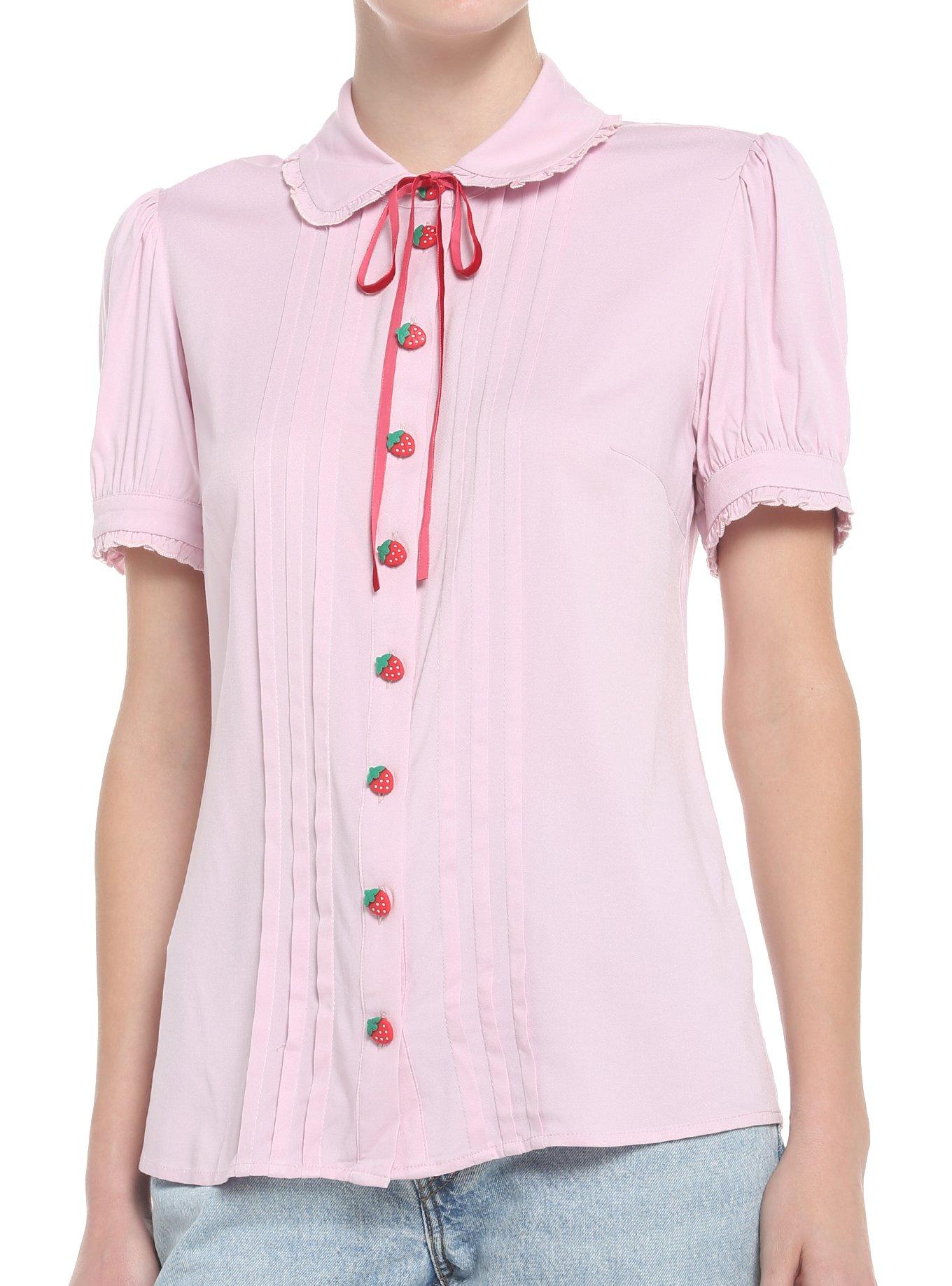 Strawberry Pink Pleated Girls Woven Button-Up, PINK, hi-res