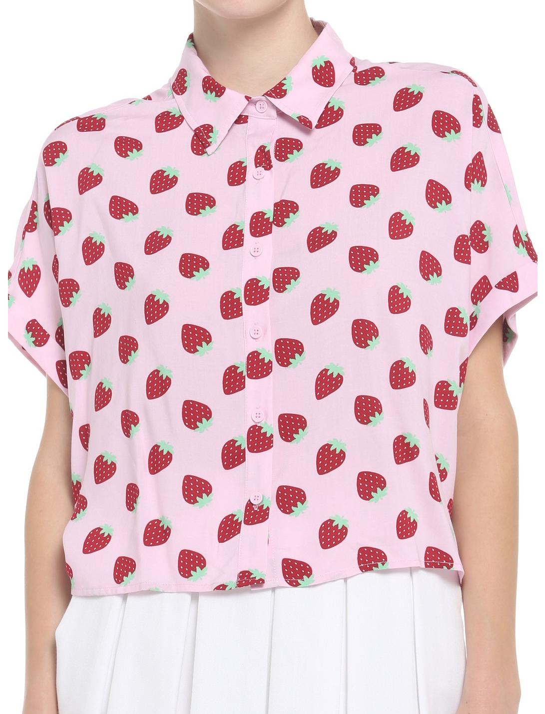 Strawberry Allover Print Crop Girls Woven Button-Up, PINK, hi-res