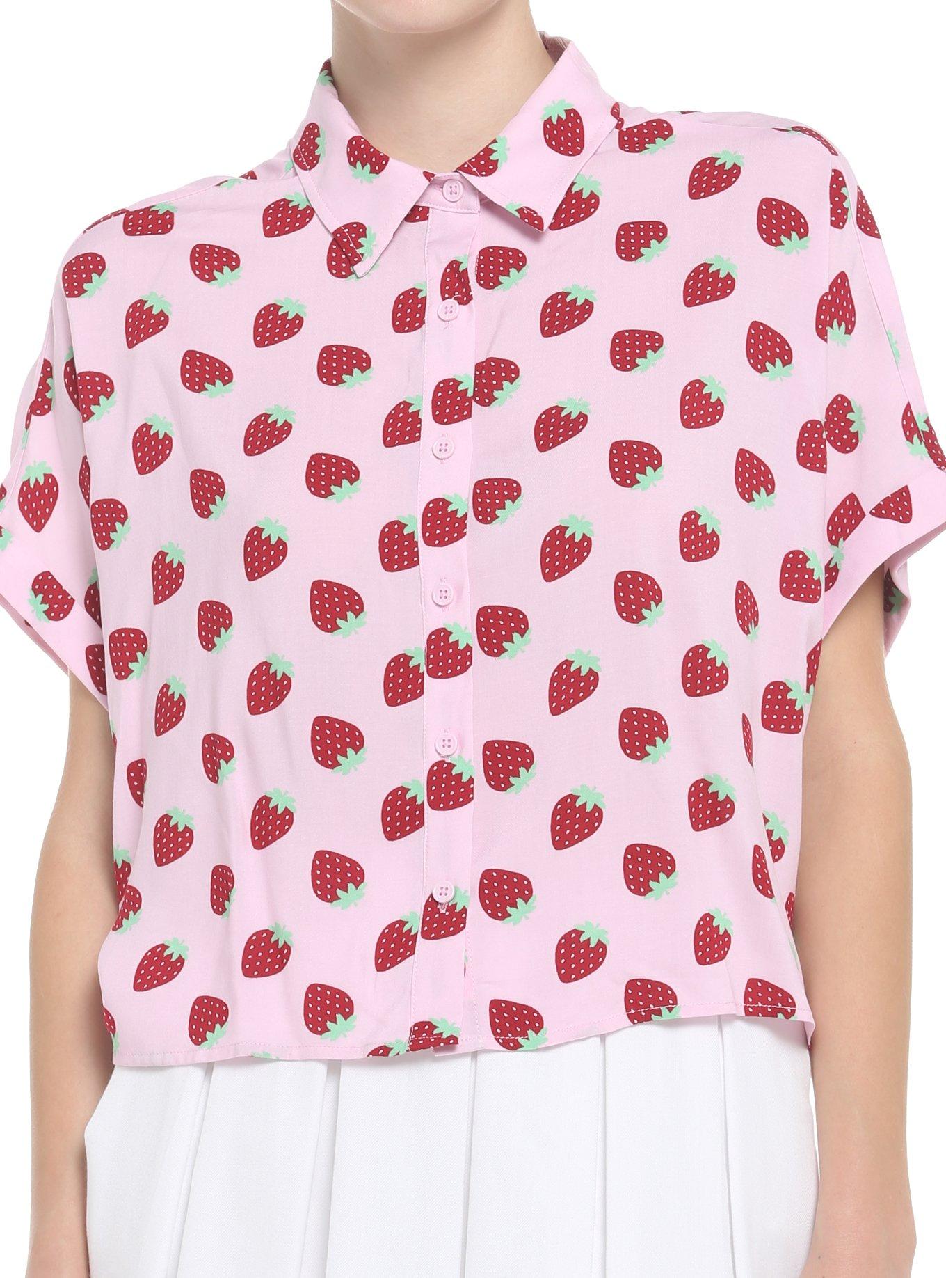 Strawberry Allover Print Crop Girls Woven Button-Up, PINK, hi-res