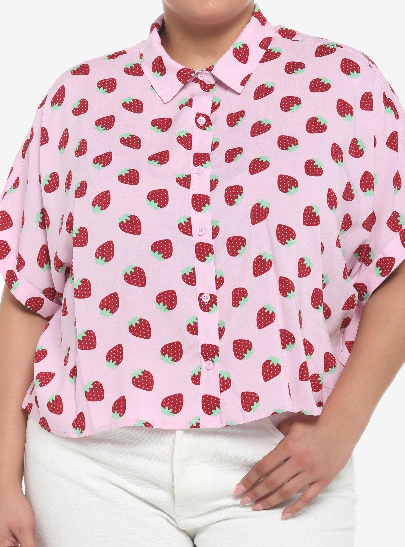 Strawberry Allover Print Crop Girls Woven Button-Up Plus Size, PINK, hi-res