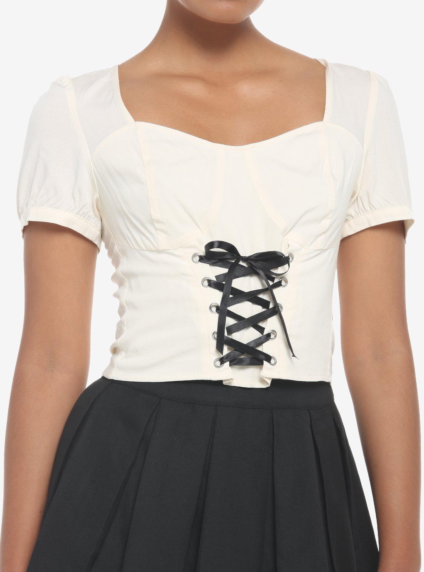 Ivory Corset Lace-Up Girls Crop Top, IVORY, hi-res