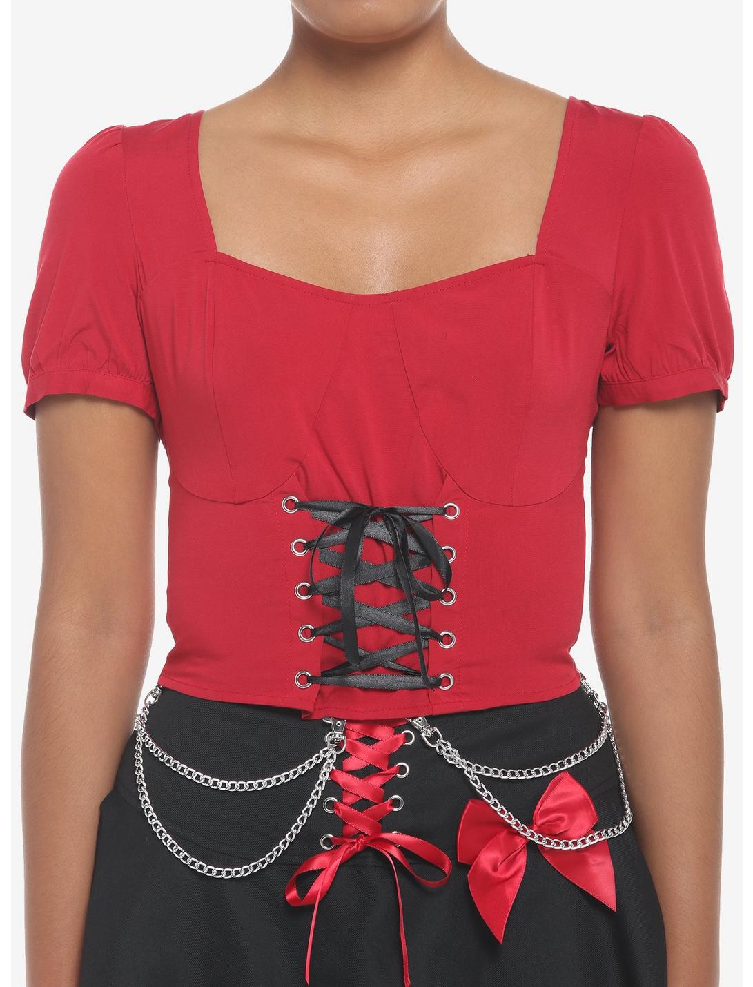 Red & Black Corset Lace-Up Girls Crop Top, RED, hi-res