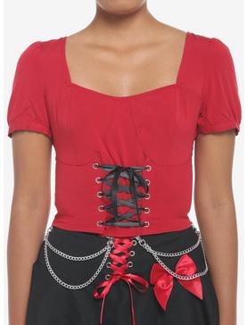 Red & Black Corset Lace-Up Girls Crop Top, , hi-res